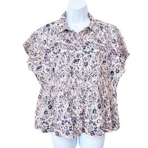 Rachel Zoe 100% Linen Peplum Top M Collared Popover Floral Boxy Oversize Womens